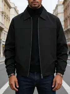 Men's Spring Fall Casual Jacket, Zipper Closure, Windproof Elastic Cuffs, Simple Business Style, Polyester Fiber, Casual Fashionable Jacket