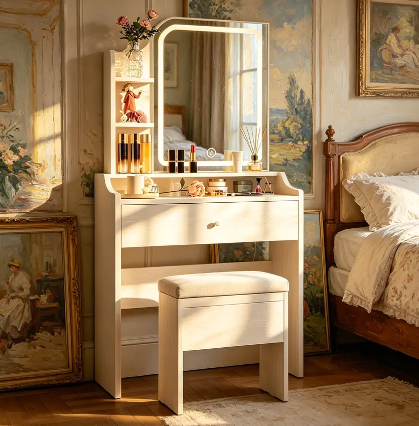 White Bedroom Makeup Vanity Set - Small Exquisite Table with Mirror, Lights, Storage Drawers, 3-Tier Shelves, and Matching Chair hidden