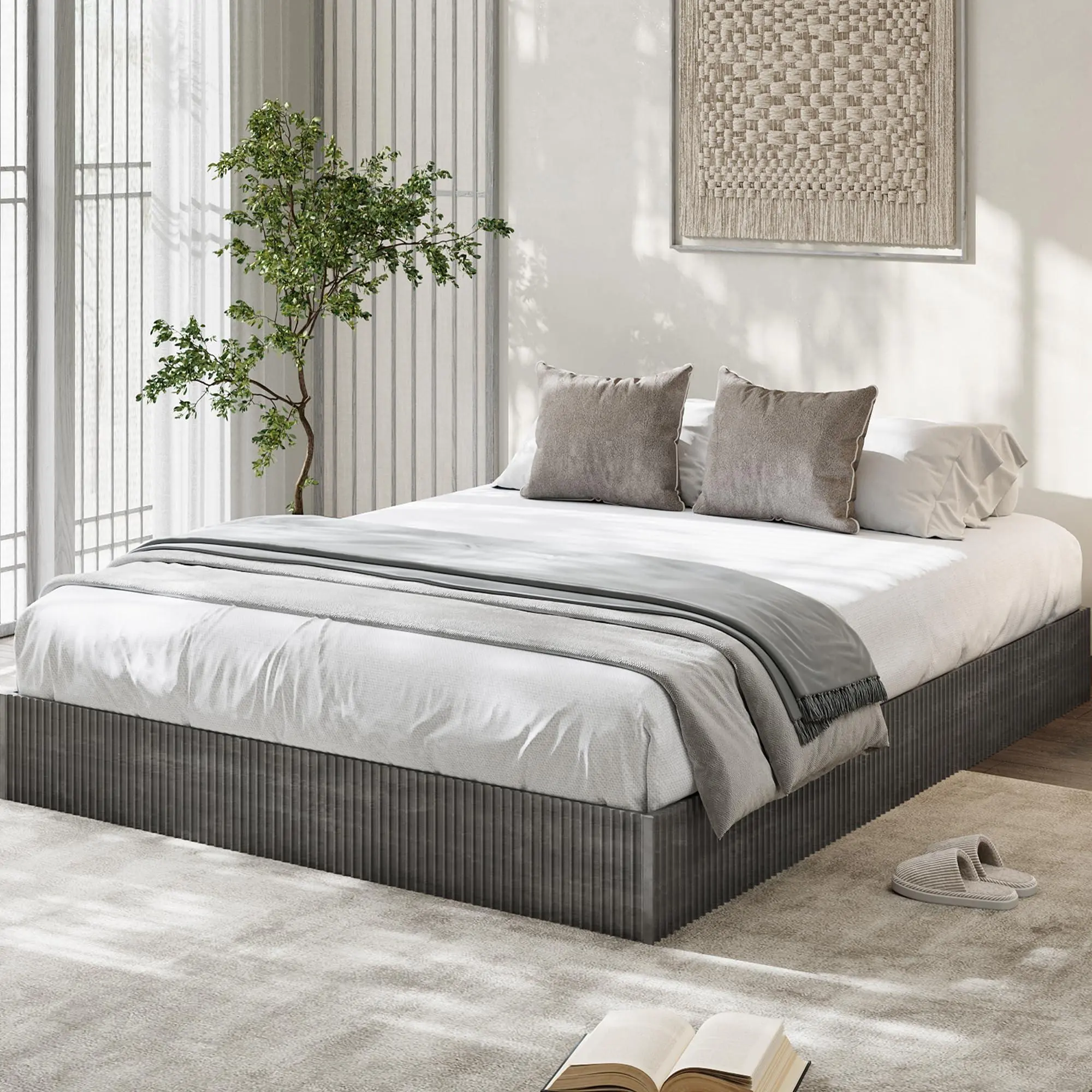 California King Bed Frame, Wood Platform Bed with Fluted Design | Low Profile BedFrame, Minimalist Bed Base with Noise-Free, Easy Assembly, No Box Spring Needed, Charcoal Gray