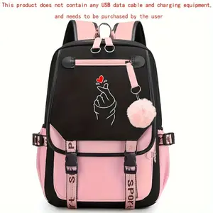 Casual Heart Print Backpack with USB Port - Large Capacity School Bag, Adjustable Shoulder Straps & Pink Accents, Durable Polyester for College, Travel, Daily Commute (Black), Travel Backpack, Casual Backpack |     Heart Print Design |