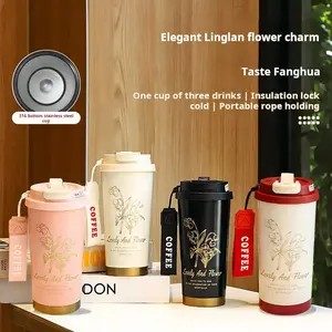 Lily of the Valley Pattern 520ml Insulated Coffee Mug 316 Stainless Steel Dual Drinking Ways Heat Cold Retention Portable for Daily Use Office Coffee Enthusiasts Straw Lid Kids Water Bottle