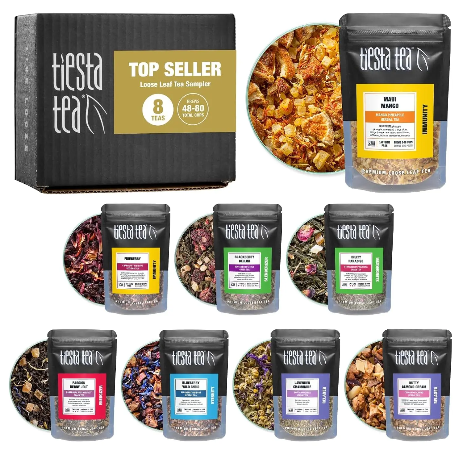 Tiesta Tea Top 8 Favorites Loose Leaf Tea Sampler Set - 8 Sample Pouches, Up to 80 Cups, Green/Black/Herbal Varieties, High to No Caffeine, Hot & Iced Drink Option
