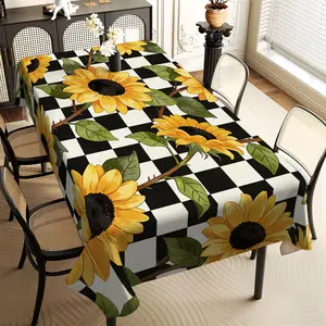 JIT 1PC 2D Flat printing, black and white plaid sunflower pattern long tablecloth, tabletop decorative cloth, tabletop protective cover, suitable for indoor and outdoor use, festival style, universal in all seasons