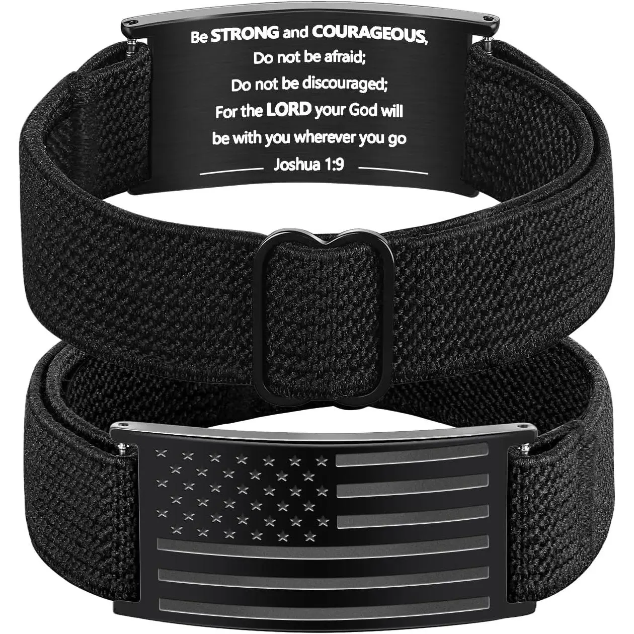 Patriotic American Flag Bracelet for Men - Military Adjustable Black Elastic Strap with Bible Verse - Veteran Gifts, Birthday Gift for Boys
