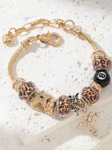 Adjustable Charm Bracelet for Women, Leopard Print Design with 8 Ball, Star & Cross Pendants, Minimalist Couple Jewelry Gift Idea, Elegant Jewelry Bracelet