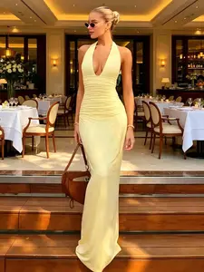 Women's Solid Color Smocked Halter-Neck Backless  - Lightweight Soft Fabric Sleeveless Essential Summer Party ,summervibes 2 part