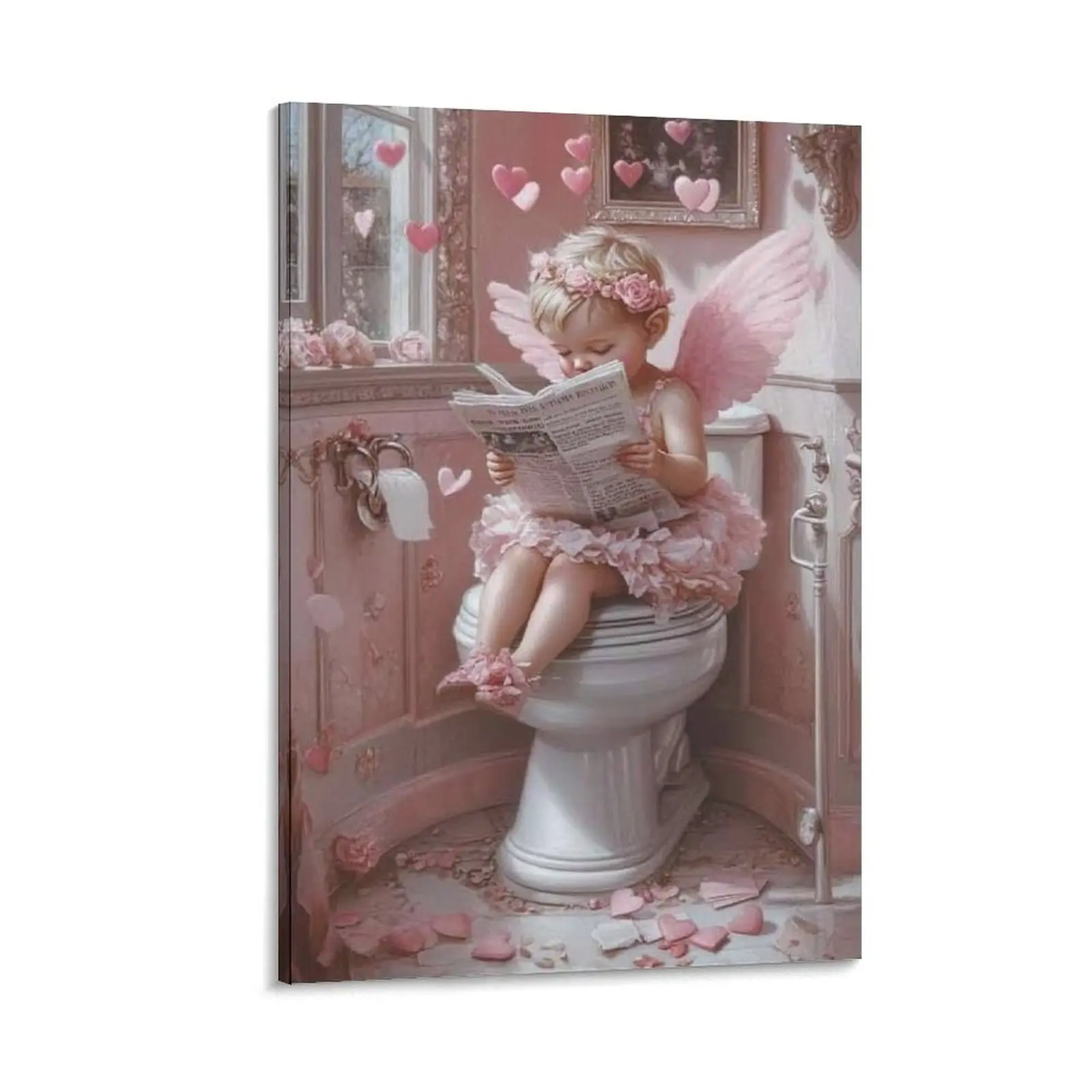 Valentine's Day Canvas Wall Art Retro Romantic Love Heart Cupid Art Poster Cute Cupid Reading Newspaper on Toilet Pink Wall Canvas Poster Bedroom Decor Sports Landscape Office Room Decor Gift Frames Ornaments Frame-.