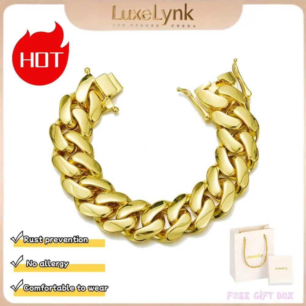 14k Gold Plated Heavy Mens Soild Cuban Link Chain Bracelet Brass Stainless Steel Miami Bangle Hip Hop Jewelry Gift
