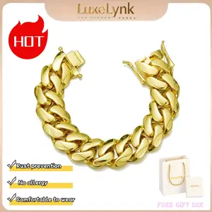 14k Gold Plated Heavy Mens Soild Cuban Link Chain Bracelet Brass Stainless Steel Miami Bangle Hip Hop Jewelry Gift