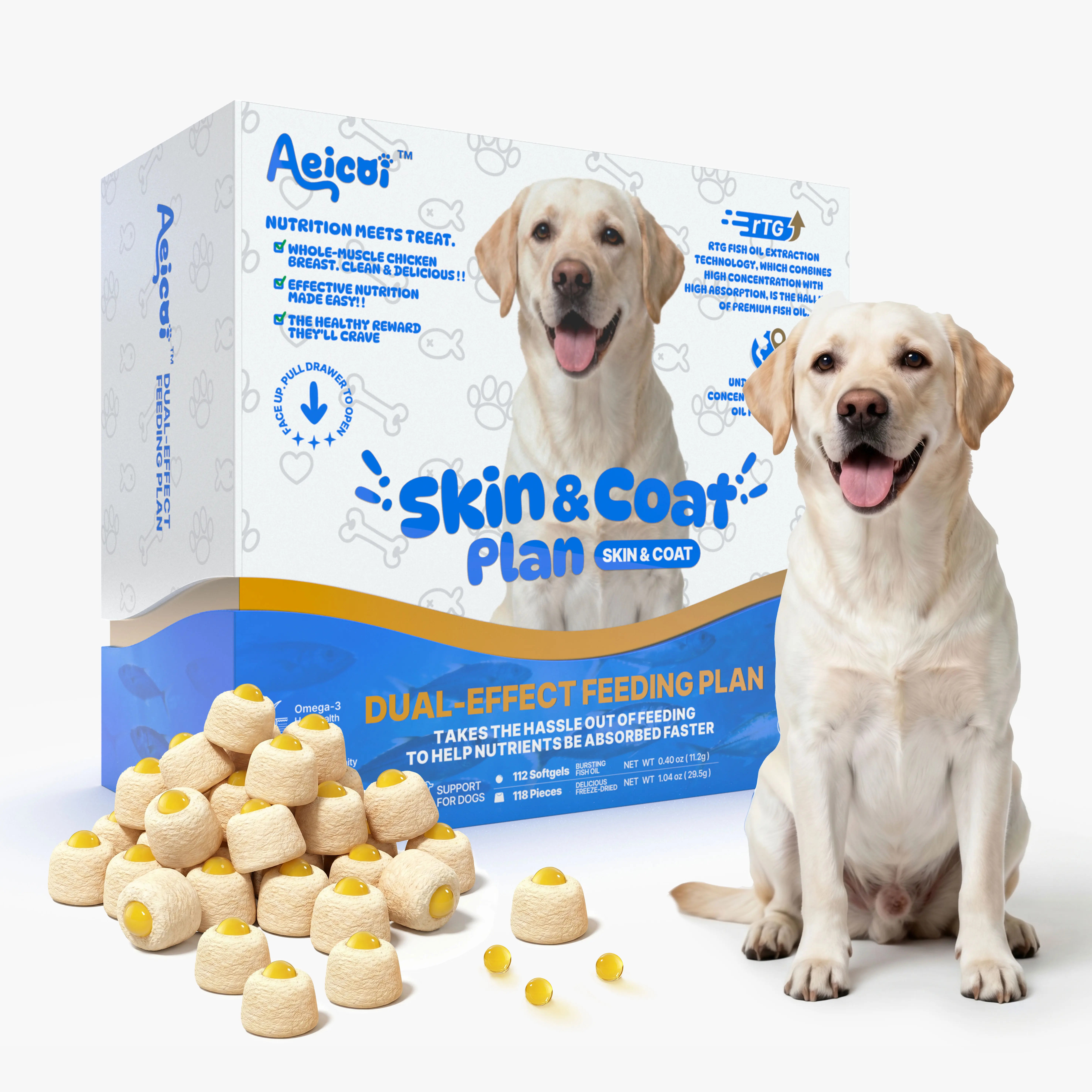 Aeicoi Fish oil for dogs 2-in-1 Pill Hider Treats for Picky Eaters Omega 3 for Skin Coat & Less Shedding Wild Anchovy (112+118 Ct)