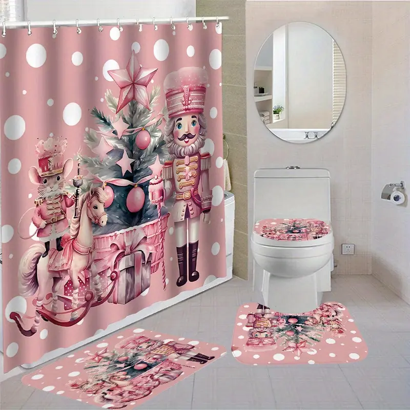 Christmas Nutcracker Shower Curtain Set 1pc/4pcs Bath Bathroom Shower Curtain Set with 12 Hooks Toilet Seat Bath And Non-Slip Toilet Covers Polyester Fabric Washable Curtain for Windows Bathroom Additions