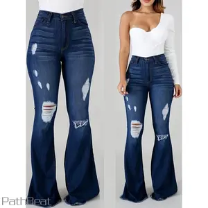 Blue Women's High-Waist Ripped Flare Jeans - Stretch Denim with Distressed Detailing, Comfortable All-Season Wear, Fitted Style for Womenswear Pants Leg