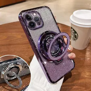 Luxury Magsafe Wireless Charging Case For iphone 17Pro max  16 11 12 13 14 15 Pro Max  Glitter Magnetic Ring Bracket Transparent Cover Screen Protector Electronics Accessories Protection Casing Protective Cellphone Smartphone Shockproof Black