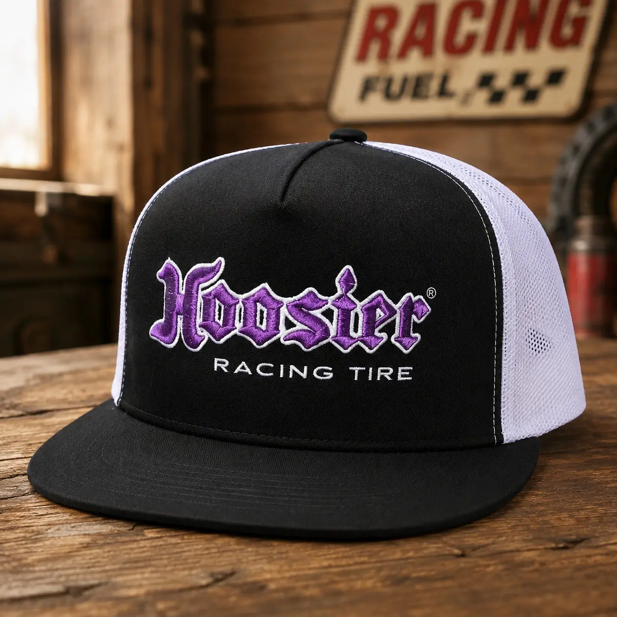 Vintage Hoosier Racing Tire Embroidered 7 Panel Trucker Hat – Motorsport Racing Snapback Cap, Dirt Track Drag Racing Hat, Hot Rod Car Enthusiast Mesh Back Hat, Racing Gift for Men