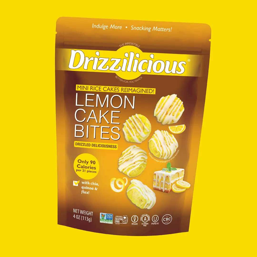 Drizzilicious Lemon Cake Bites - Natural Low Calorie Easy Snack, Gluten-Free Vegan Non-GMO Mini Rice Cakes with Chia, Quinoa & Flax, 4 oz, 90 Calories per 21 Pieces, School Snacks