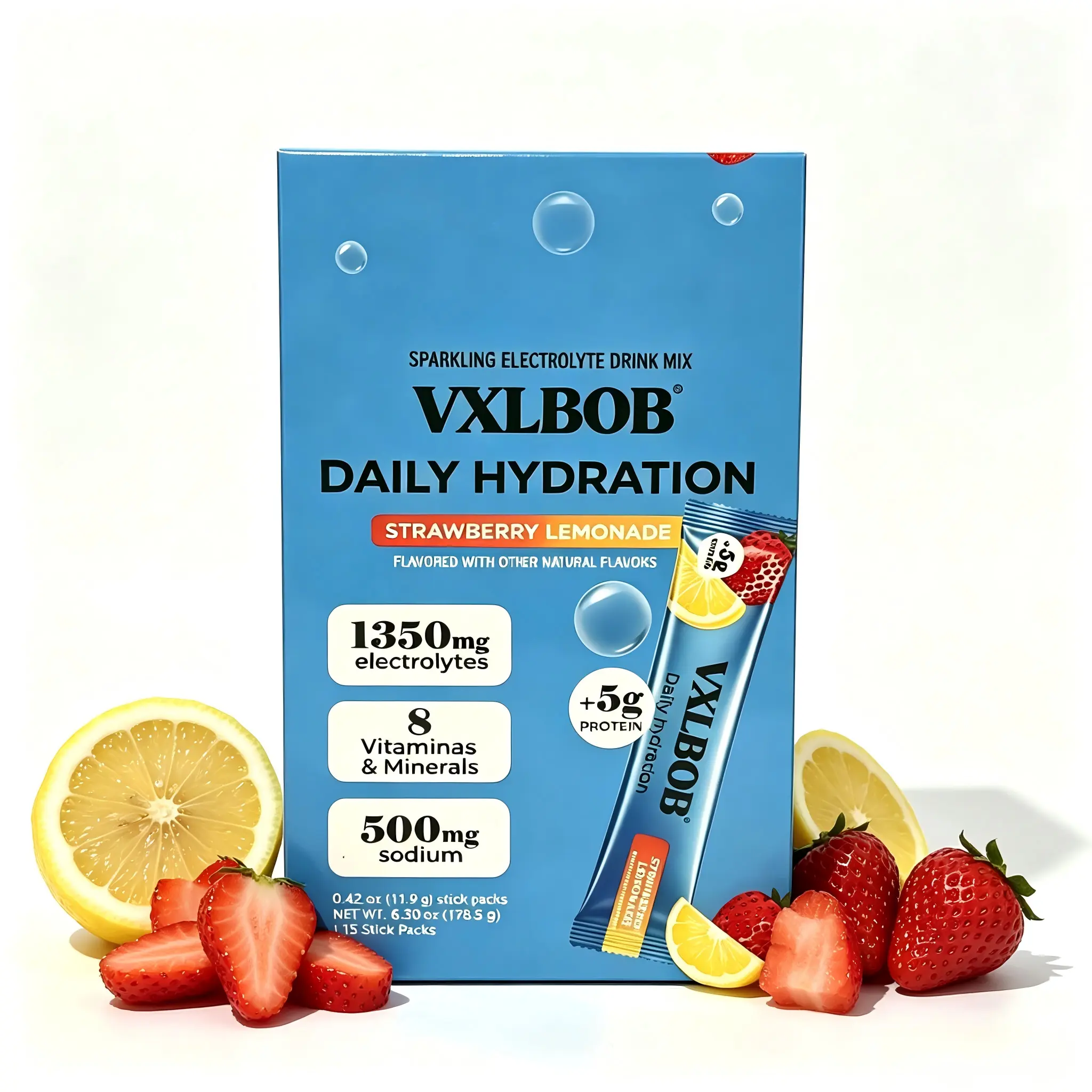 VXLBOB Daily Hydrating Bubble Bar (15 sticks) - Contains 1350mg electrolytes, 5g clear whey protein and collagen, 8 key vitamins, sugar-free beverage mix