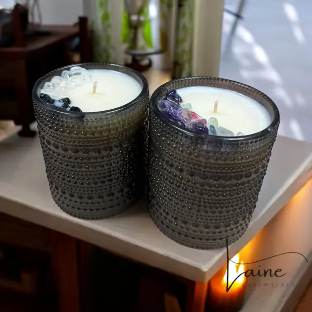 Laine Essentials. 12 oz Beaded Crystal/Gem Candle, Plant Based, Mahogany Spice Scented - Jar, Decor