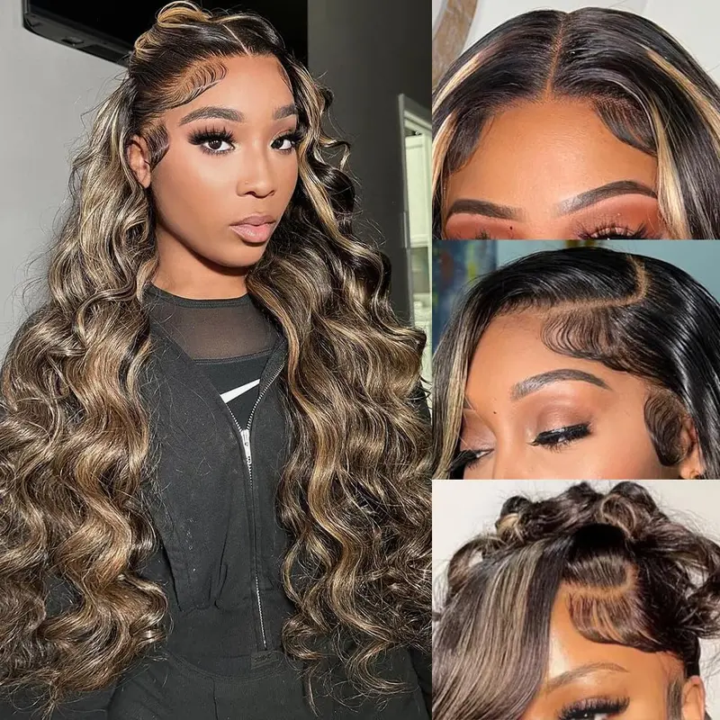 Highlight 1b/27 Color Body Wave Human Hair Wig Brazilian Honey Blonde Wavy Wigs 13x6 HD Transparent Lace Front Wig 180% Density Pre Plucked Natural Hairline with Baby Hair Remy Hair