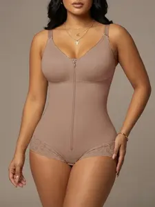 1 Count Women's Colombian Fajas Shapewear, Adjustable Thin Shoulder Straps Bodysuit, High Compression Bodysuit, Tummy Control & Butt Lifting Body Shaper, Anti-Slip Lace Trim Underwear, Perfect For Daily Wear
