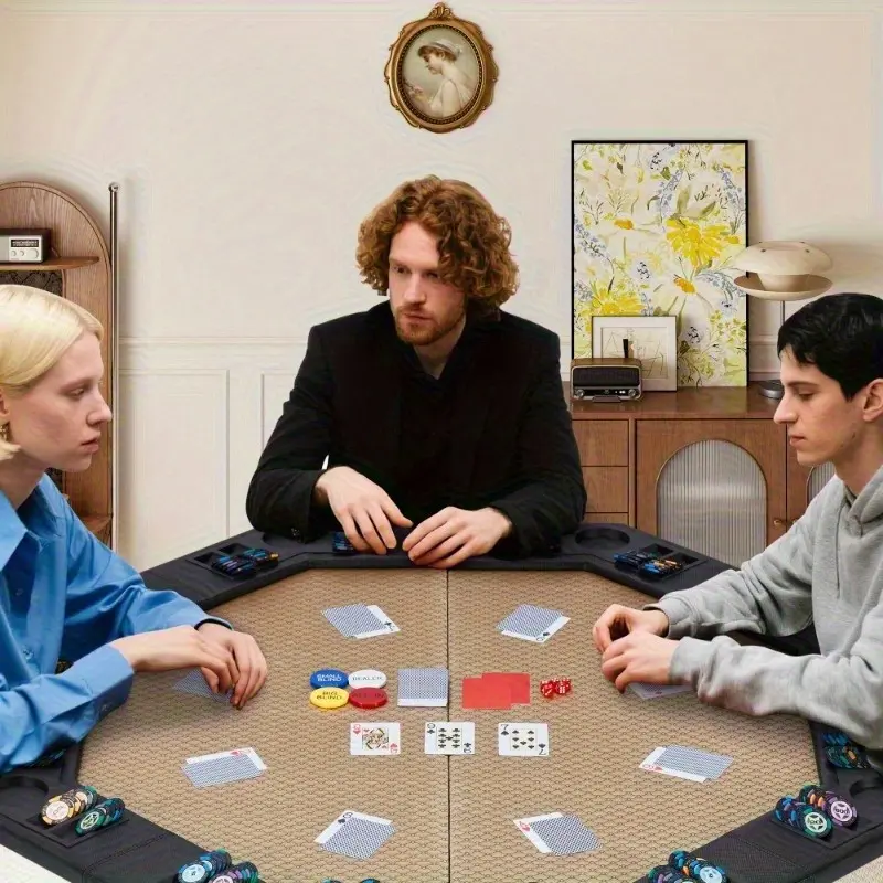 8-Player Foldable Game Table, Portable Oval Table with Cup Holders & Chip Trays, Folding Card Table for Home Parties & Game Room