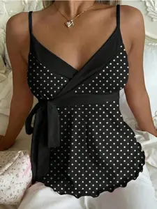 Summer Sweet Polka Dot Halter V Neck Waist Tie Design Slimming Ruffle Hem Women's Top, Chic Stylish and Comfortable Summer Fashion, Ruffled