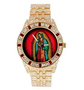 Hip Hop Style Iced Gold Silver Plated Bling Our Lady of Guadalupe Dial Fashion Metal Band Watch