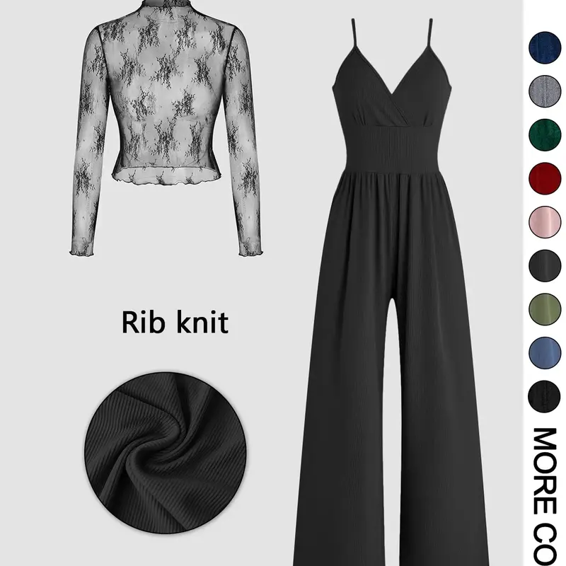 Valentine's Day Women's Basic Solid Color Knitted Lace Tee & High Waist Pocket Elegant Casual Jumpsuit Two-piece Set, Spaghetti Strap, Casual Fitted Zipper Back Cami Jumpsuit & Long Sleeve Top for Daily Outdoor Wear, Spring & Fall Outfit