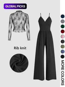 women's solid lace tee & pocket overalls jumpsuit set, fitted elegant zipper back cami jumpsuit & long sleeve top for daily outdoor wear, women's clothing for spring & fall, matching set outfit, womenswear