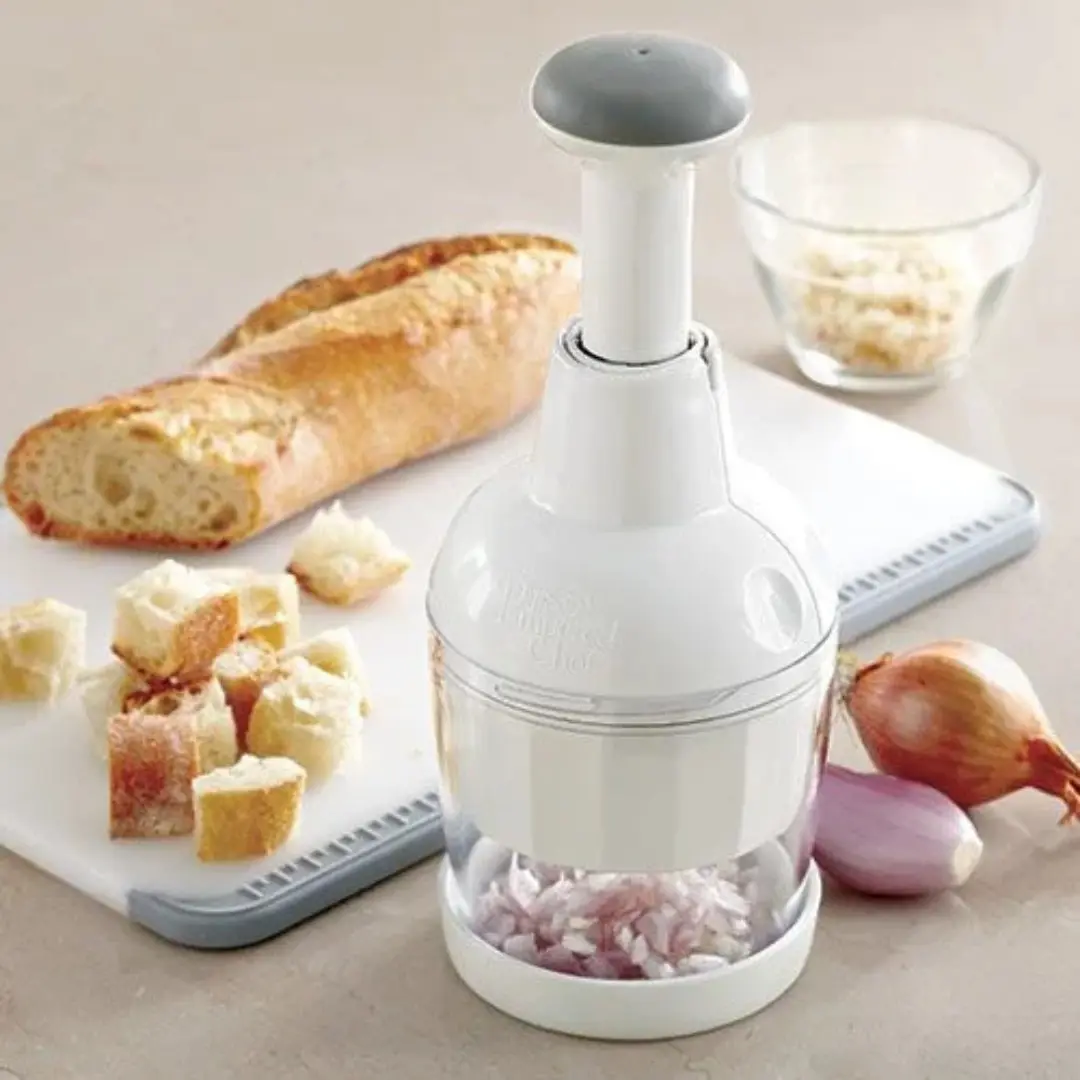 Pampered Chef Handheld Food Chopper - Manual Vegetable & Onion Chopper with 360° Stainless Steel Blades, Compact Kitchen Prep Tool, Dishwasher Safe, White