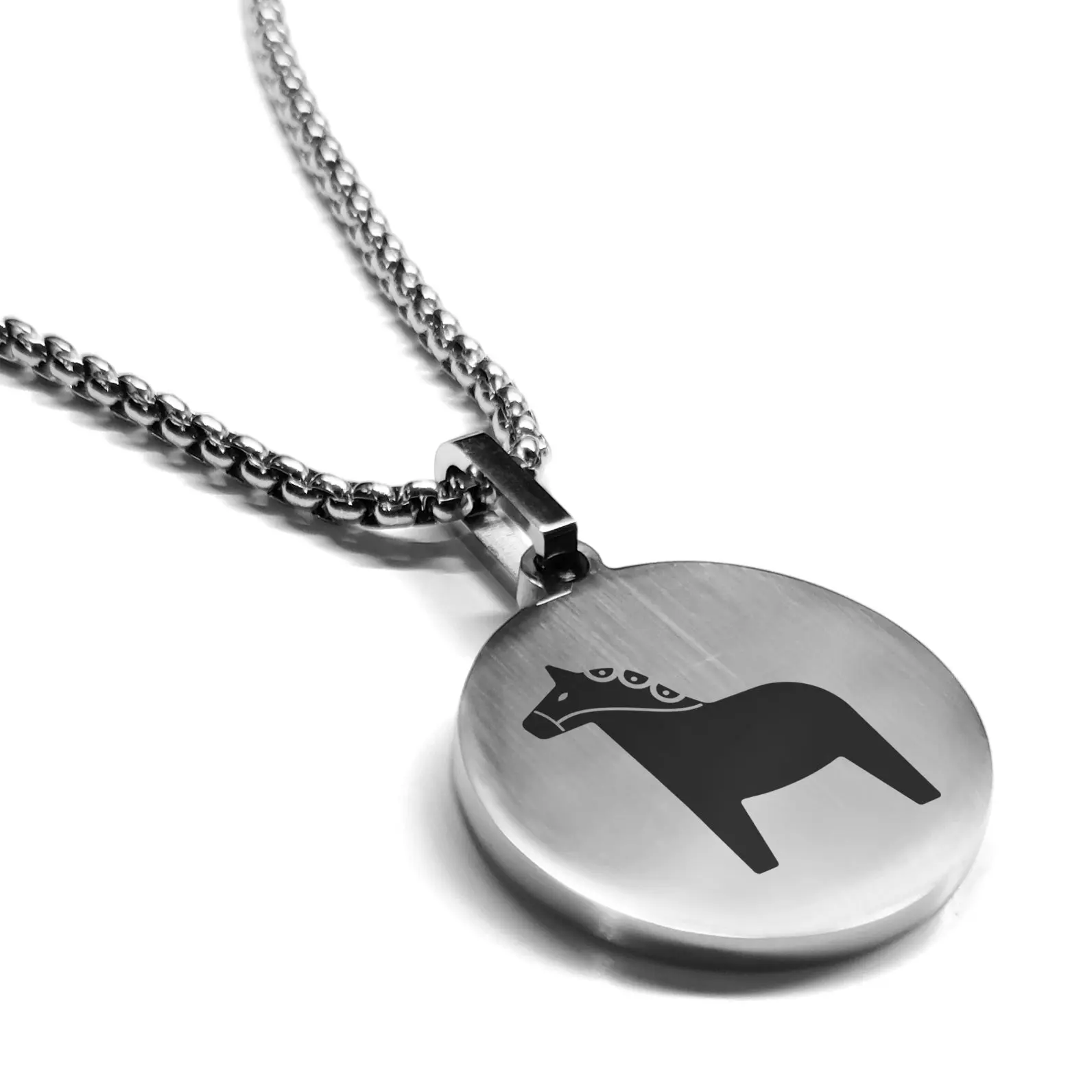 Stainless Steel Dala Horse Good Luck Charm Round Medallion Pendant