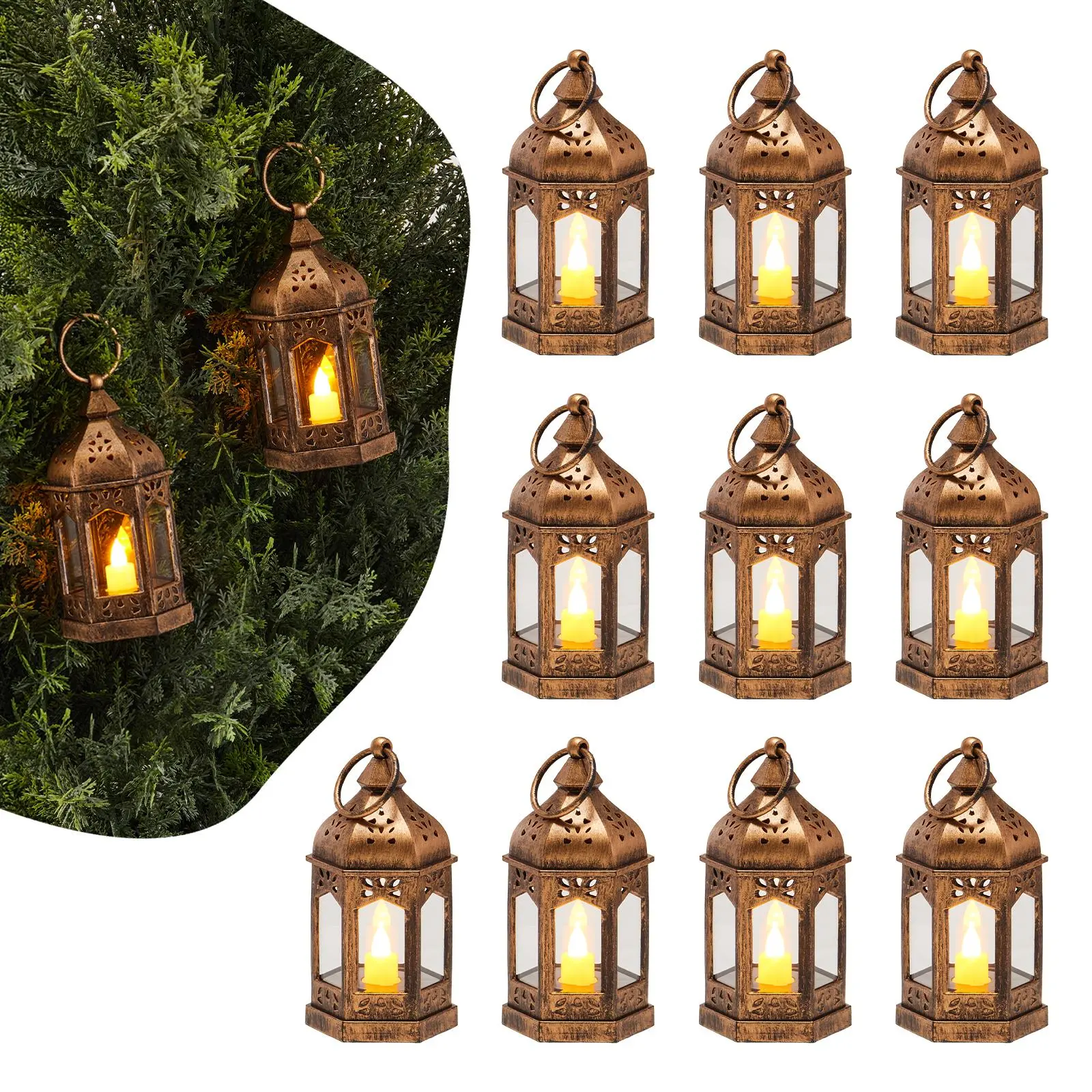 VEVOR 12-Piece Vintage Bronze Decorative LED Flameless Candle Lanterns with Glass Walls, Hanging Table Centerpiece Decoration for Indoor Porch Christmas Decor (2.56x2.56x5.04in)