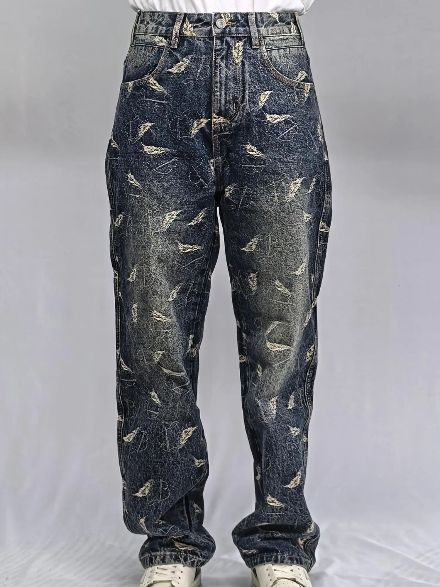 Lux Lee Women's Oversized Baggy Jeans, Retro Streetwear Bottom with Embroidered Feather Pockets, Washed Denim Loose-Fit Clothes, Casual