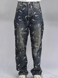 Lux Lee Baggy Dad Women's Jeans - All Over Feather Print, Catching Print Jeans Retro Washed Denim, Standout Street Style For Effortless Cool, Embroidered