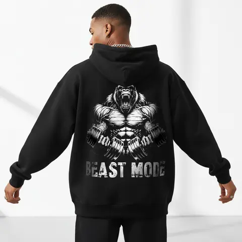 Men's fitness, strength, beast mode, gorilla motif Graphic - Cotton Blend Black Long Sleeve Pullover Regular Fit | Soft & Breathable Fabric, Durable Print, Everyday Comfort, Machine Washable, streetwear, Y2K, digital print, muscular design gym or urban