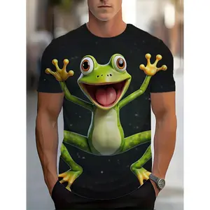 Men's 3D Print Cheerful Green Frog Short-Sleeve T-Shirt - Colorful Spotted Design on Black Background, Polyester Round Neck Casual Menswear for Summer Daily Wear, Shortsleeve, Tshirt