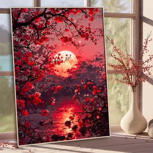 Adult Diamond Painting Kit (Riverbank/Landscape/Red Sun/Diamond Painting) Home Decor Kit, Beginner's Full Diamond Round Diamond Gem Art Kit, 11.8x15.75-inch Home Decor Painting Wall Decor Gift Painting