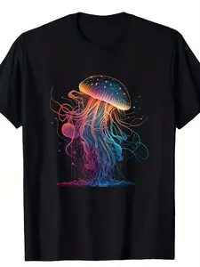Men's Vibrant Jellyfish Ocean Scene T-Shirt - 100% Cotton, Short Sleeve, Crew Neck, Machine Washable, Casual Fit, Breathable Fabric, Ideal for All Seasons