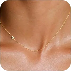 Initial Necklaces for Women, Dainty Gold Letter Necklace 14k Gold Plated Sideways Initial Necklace Cute Name Simple Choker Necklaces for Women Trendy Jewelry Gifts