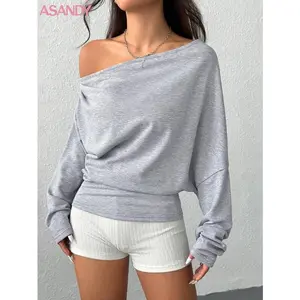 Women’s asymmetrical shoulder long-sleeve top, casual fashion blouse for spring and fall, stylish daily wear clothing — grey shirts