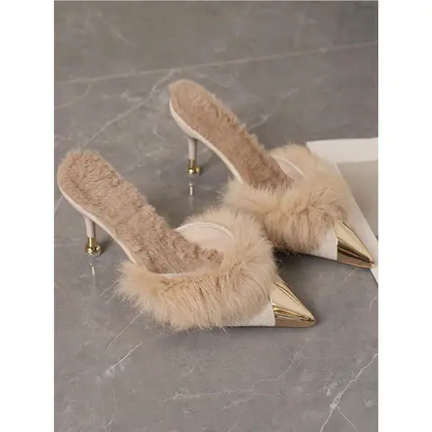 DealsForYouDays 2026 Spring Women's Elegant Furry Closed-Toe Slip-On High Heel Mule Footwear - Metal Decor, Pointed Toe Stilettos, Beige, Warm Lining, Classy Heels for Party, Formal Shoe