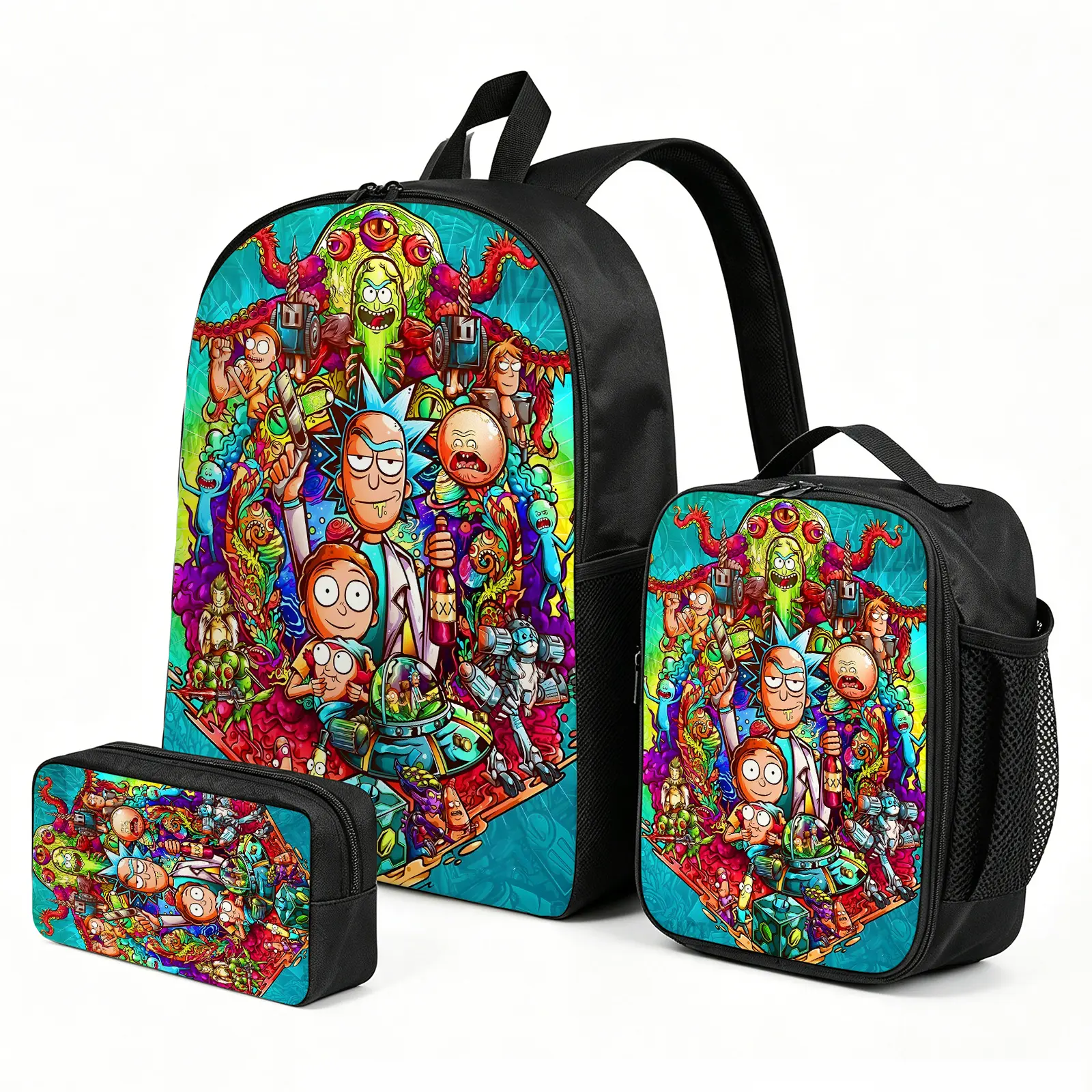 Rick-and-Morty 3PCS Kids Backpack Set, Vibrant Graphic Design with Insulated Lunch Bag, Food-Safe Inner Layer, Pencil Pouch, School Bookbag for Picnic & Travel