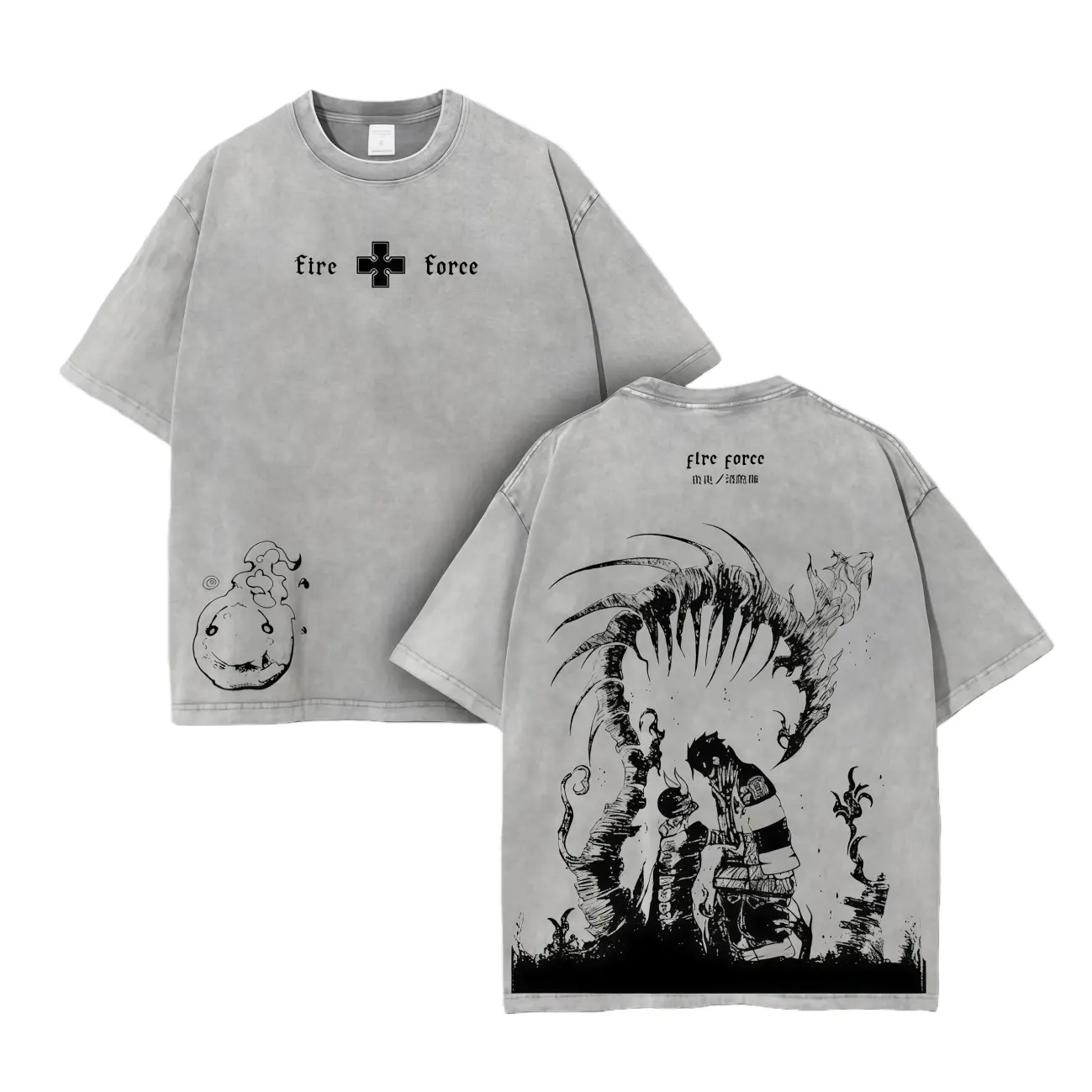 Women's Retro Unisex Fit Printed Oversize Tshirt - Vintage Washed Fire Force Shinra Kusakabe Devil's Footprints Double-Print, Heavyweight Cotton, Loose Baggy Crewneck Tops, Casual Streetwear, Easy to Style Gift for Anime Manga Fans