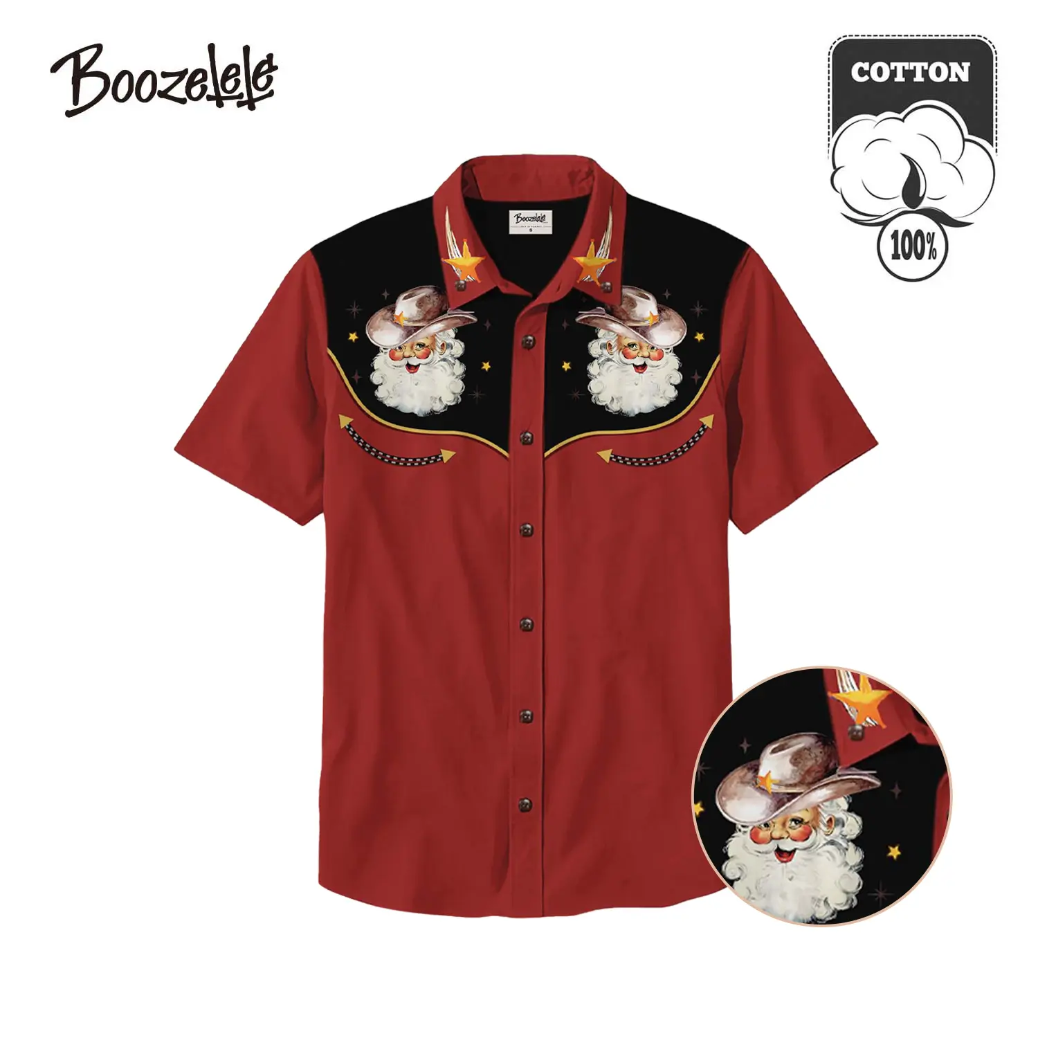 BOOZELELE [Christmas] Menswear Unisex Western Santa Cowboy 100% Cotton Short-Sleeve Casual Button-Collared Top, Fun Christmas Gift Idea, Cowboy Outfit