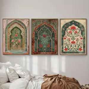 3pcs/set Frameless Vintage Islamic Flower Arch Art Canvas Print, Modern Minimalist Muslim Arabic Landscape Gallery Wall Art