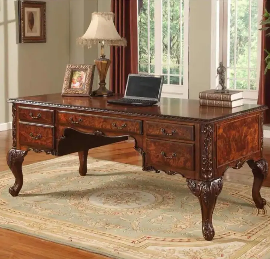 Best Master CD120 72" Walnut Finish Wood Renaissance Executive Office Desk - Carnegie Ornate Vintage Style, 72x36x33"/72" x 36" x 33" h, Carved Details, Classic Design, Center Drawer Storage, Study Desk