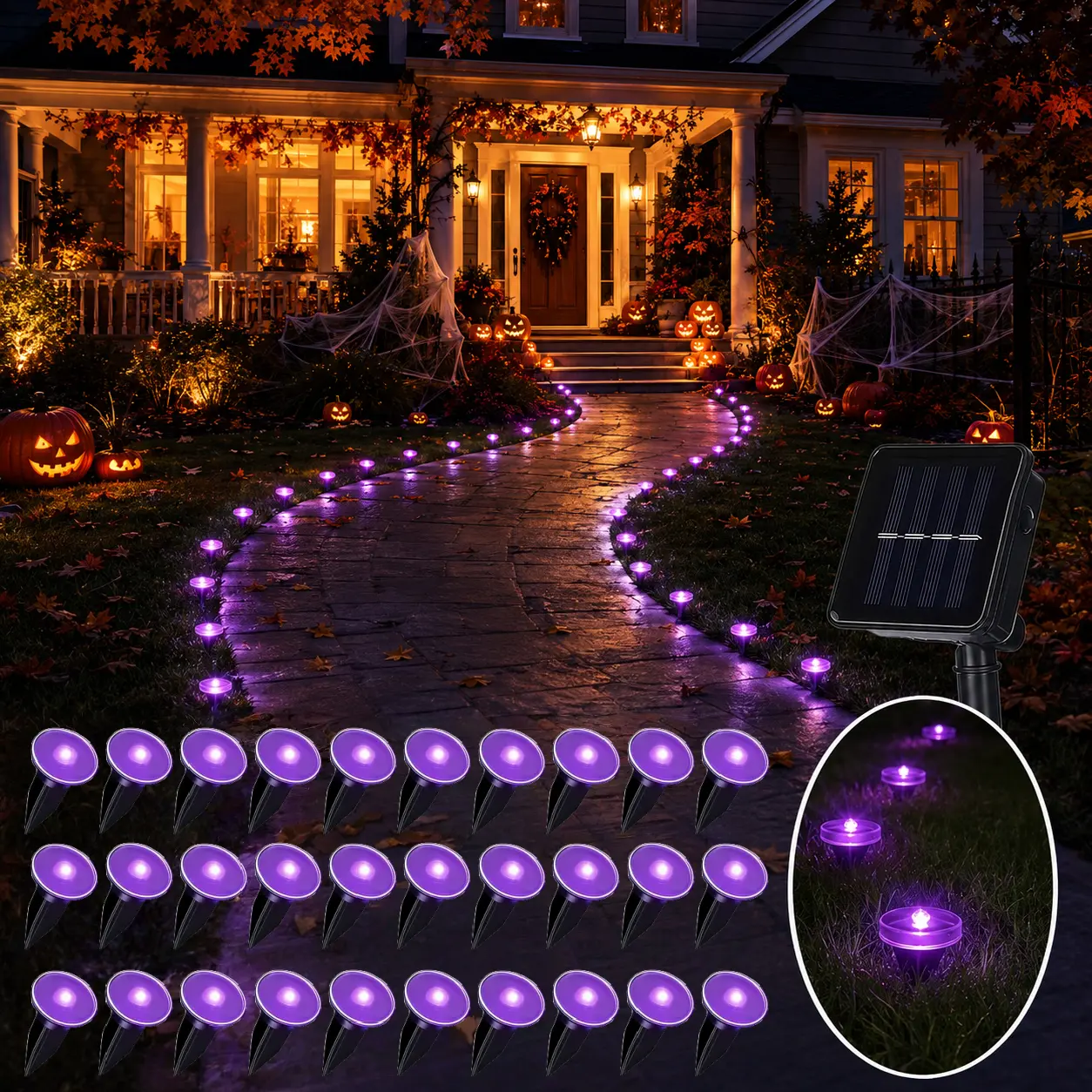 Purple Solar Pathway Lights - 30 LED Outdoor Ground Stake Lights with 8 Lighting Modes, IPX4 Waterproof for Halloween Yd, Lawn, Garden Decoration, Walkway & Patio