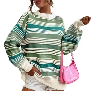 Songling Women's Rainbow Striped Pullover Sweater Long Sleeve Cable Knit Oversized Loose Fit Casual Fall Winter Outwear Tops Knitwear Womenswear Colorful Ribbed