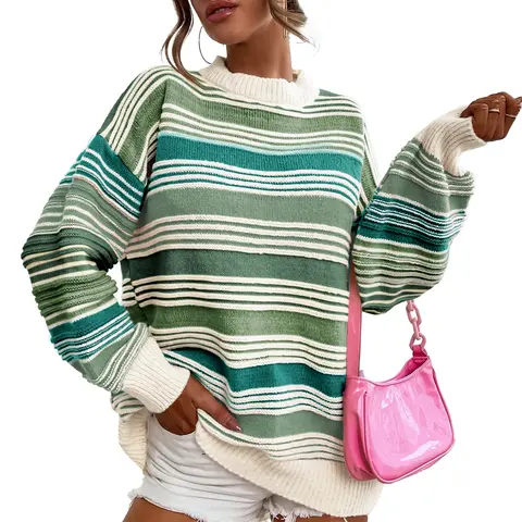 Songling Women's Oversized Crew Neck Cable Knitting Rainbow Striped Long-Sleeve Pullover - Soft Polyester, Ribbed Hems, Casual Fall Winter Outwear, for Working, Back to School; Do Not Iron