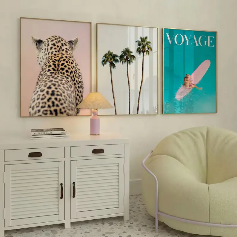 Preppy Summer Gallery Wall Art Set of 3, Leopard Print, Palm Trees Print, Surf Girl Magazine Poster, Coastal Aesthetic Beachy Wall Decor