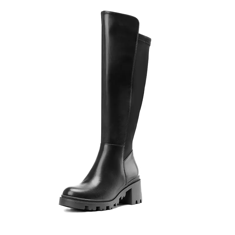 Dream Pairs Women's Stylish Chunky Knee-High Boots with Spliced Vegan Leather, Stretch Shaft, Cushioned Lug Sole and Side Zip for Walking, Walking Shoes